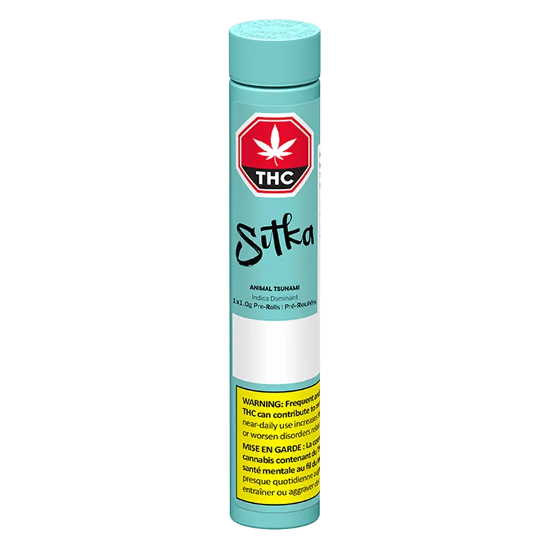 Tall, front-facing turquoise tube labeled "Animal Tsunami PR 1 x 1 g" with a red THC stop-sign logo and yellow warning panel near the base.