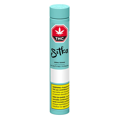Tall, front-facing turquoise tube labeled "Animal Tsunami PR 1 x 1 g" with a red THC stop-sign logo and yellow warning panel near the base.