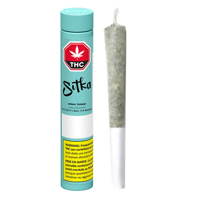 Tall front view of a turquoise tube and a single pre-roll displayed side by side, labeled "Animal Tsunami PR 1 x 1 g".