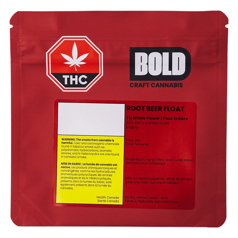 Front view of the Root Beer Float packaging with a bold title and cannabis leaf, displaying product details.