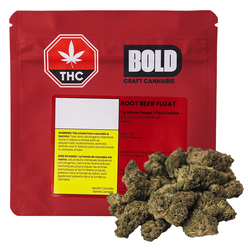 Front view of the “Root Beer Float” packaging with bold lettering and cannabis leaf graphics against a black background.