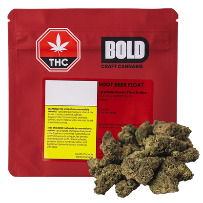 Front view of the “Root Beer Float” packaging with bold lettering and cannabis leaf graphics against a black background.