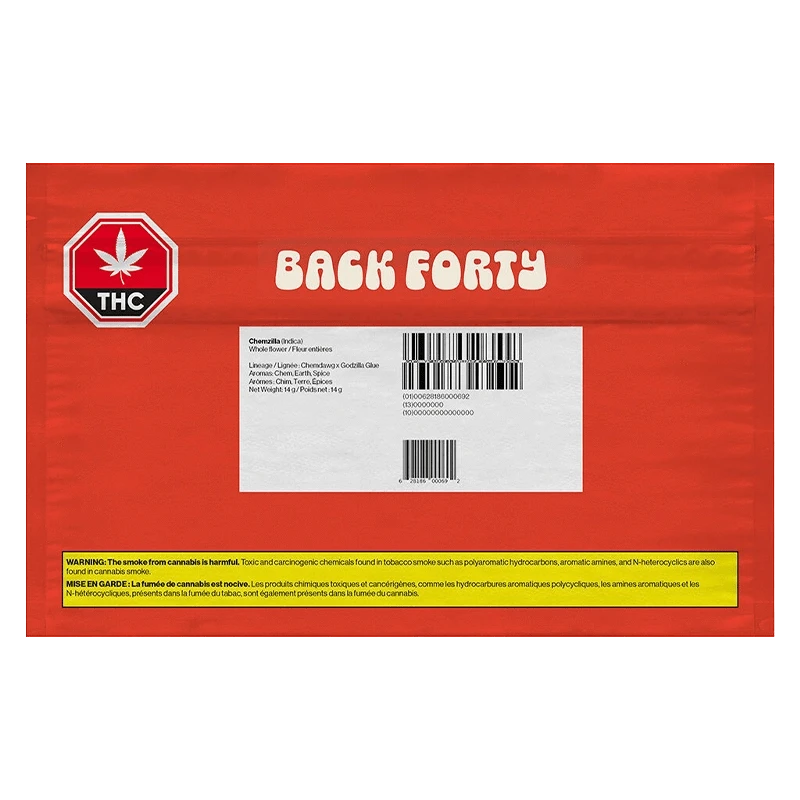 Close-up of the Chemzilla packaging, showing a black background with white text and a THC symbol.