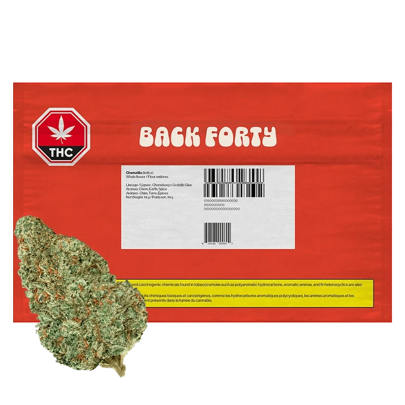 Front view of the Chemzilla package, displaying a THC symbol and product information on a white background.