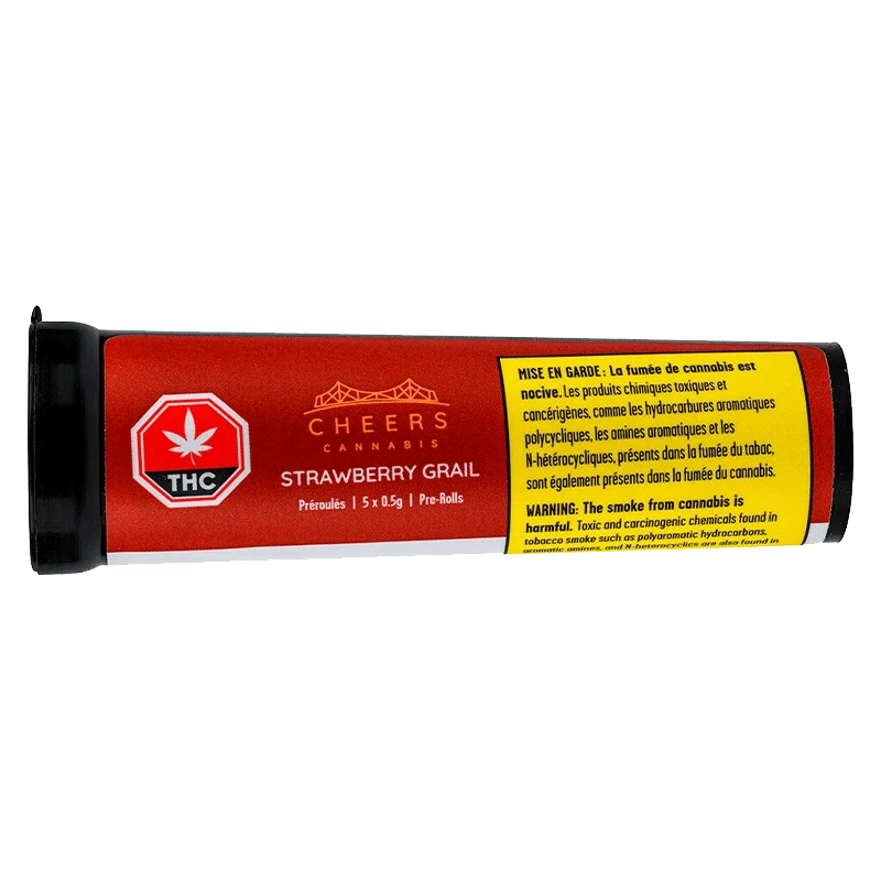 Front view of the Strawberry Grail Pre Rolled 5 x 0.5 g packaging with a warning label in French.