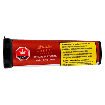 Front view of the Strawberry Grail Pre Rolled 5 x 0.5 g packaging with a warning label in French.