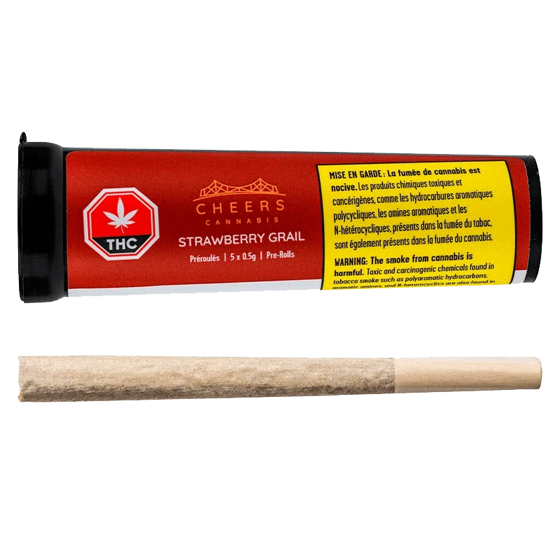 Strawberry Grail Pre Rolled 5 x 0.5 g packaging displays warning text against cannabis smoke, with a branded title.