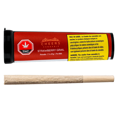 Strawberry Grail Pre Rolled 5 x 0.5 g packaging displays warning text against cannabis smoke, with a branded title.