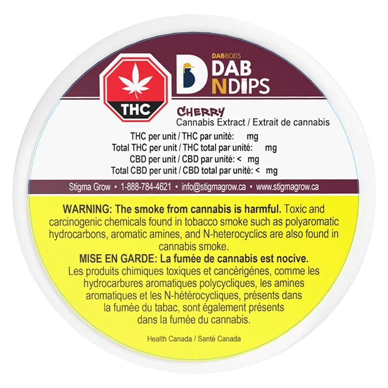 Dab N Dips Cherry’s label shows smoke rising from a vibrant, red background with warnings in white text.