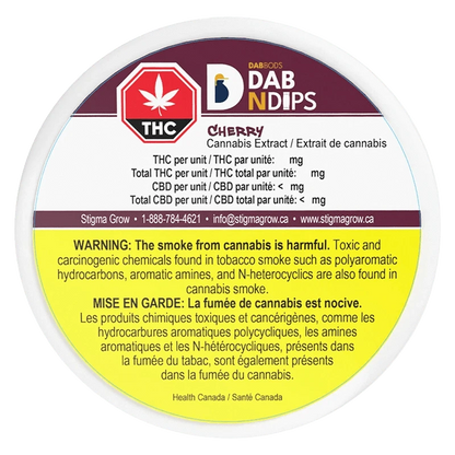 Dab N Dips Cherry’s label shows smoke rising from a vibrant, red background with warnings in white text.