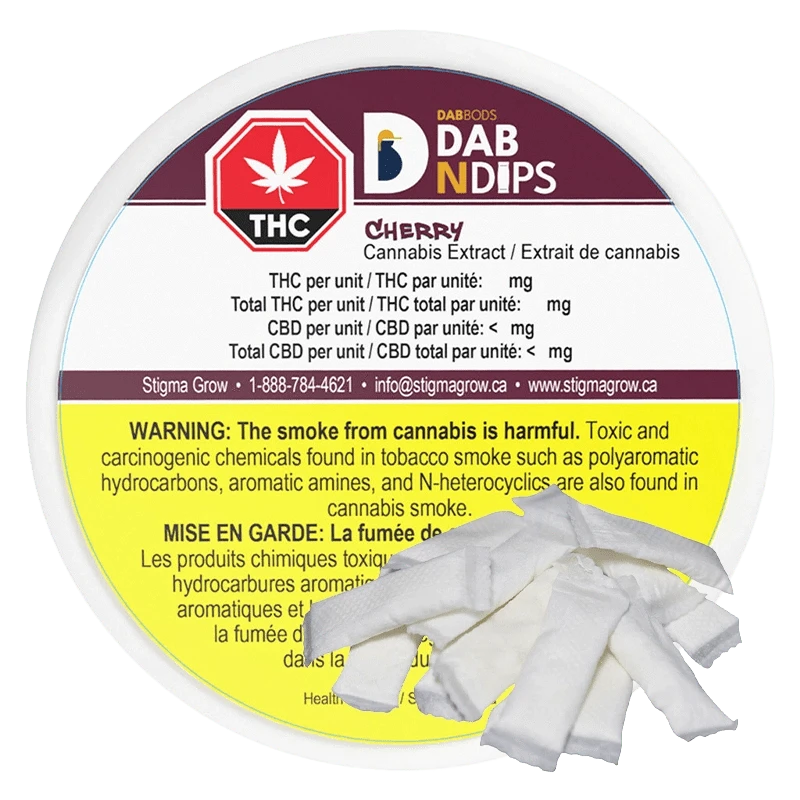 Close-up of the Dab N Dips Cherry packaging with a bold logo and text, set against a dark background.