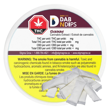 Close-up of the Dab N Dips Cherry packaging with a bold logo and text, set against a dark background.