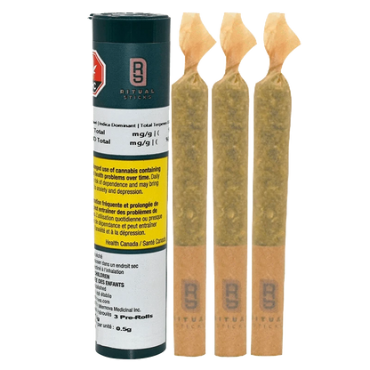 A close-up of the Blue Pave Pre Rolled 3 x 0.5 g pre-rolls, stacked against a dark background with branding visible.