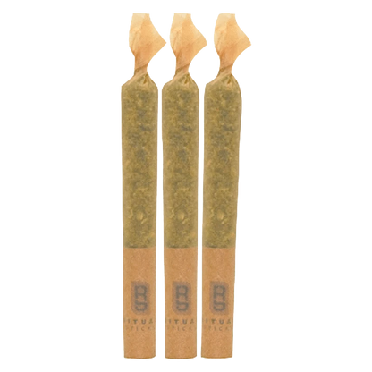 A close-up, overhead view of three Blue Pave Pre Rolled 0.5 g containers arranged side-by-side on a plain white surface.