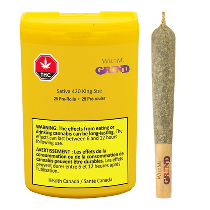 A close-up of the 420 King Size Pre Rolled 25 x 0.7 g package against a black background, featuring bold, colorful branding.