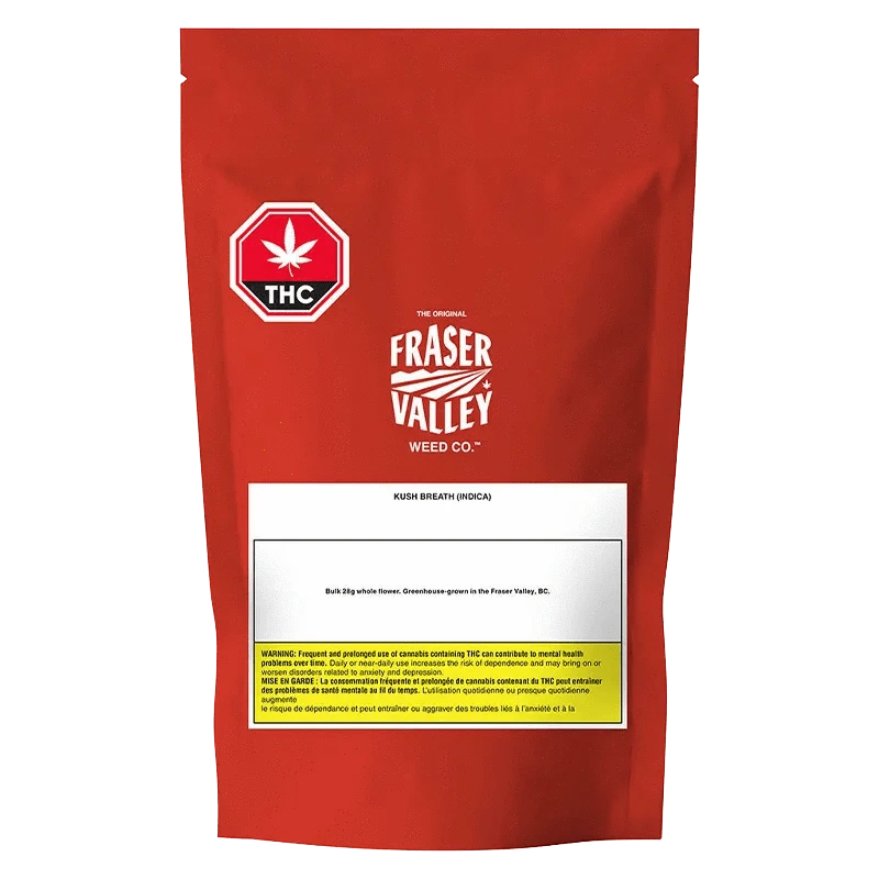 Front view of the Fraser Valley Kush Breath package, featuring bold text on a dark background.