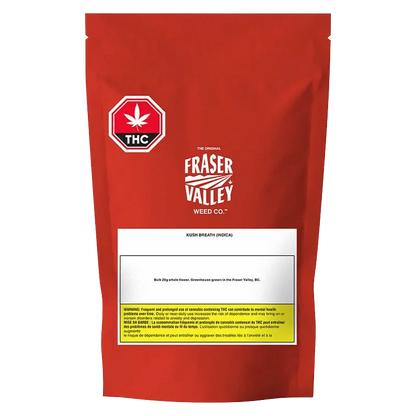 Front view of the Fraser Valley Kush Breath package, featuring bold text on a dark background.