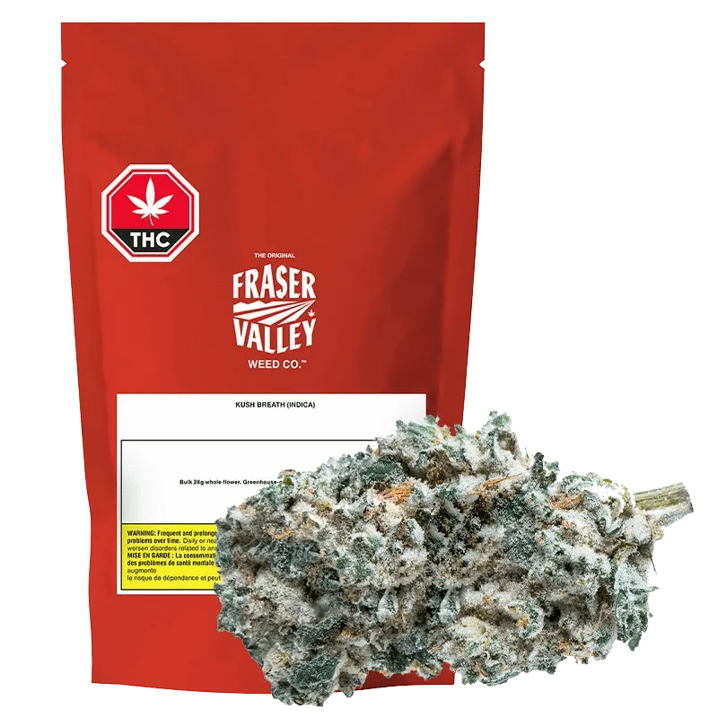 Front view of the Fraser Valley Kush Breath package with a dark background, showing product title and branding.