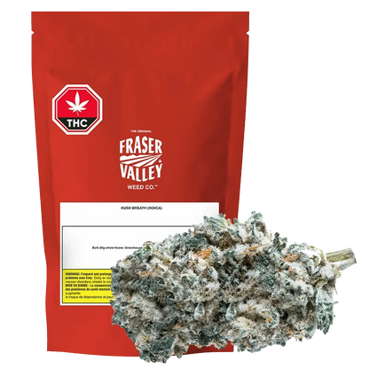Front view of the Fraser Valley Kush Breath package with a dark background, showing product title and branding.