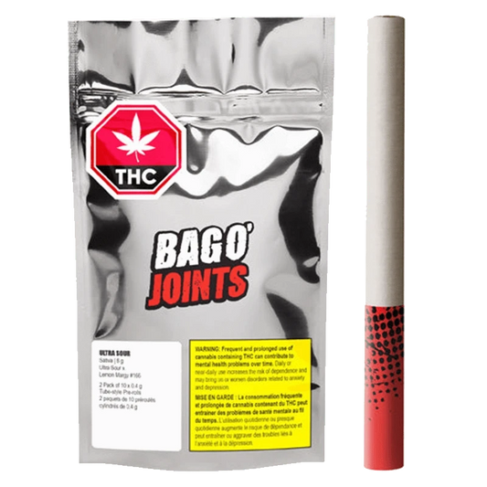 Close-up of the Bag O' Joints Ultra Sour Sativa Tube packaging, featuring bold text against a dark background.