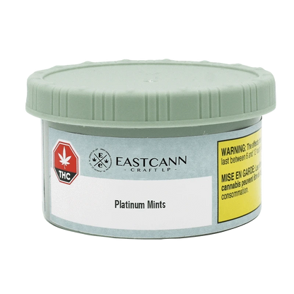 Front view of a low, round tin with a pale green lid showing the EASTCANN - Platinum Mints label and a yellow warning panel.