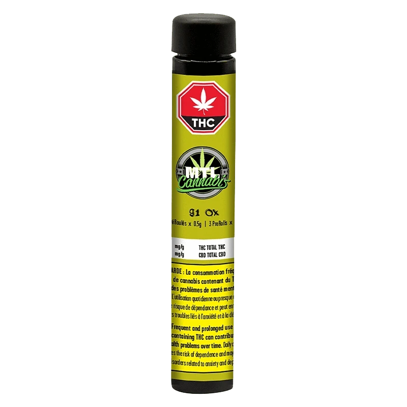 A close-up of the 91 Ox Pre Rolled 3 x 0.5 g package against a dark background, displaying the product’s branding and details.