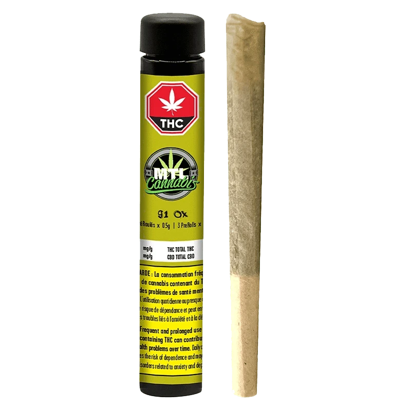 A close-up of the 91 Ox Pre Rolled 3 x 0.5 g package against a dark background, displaying its branding and product details.