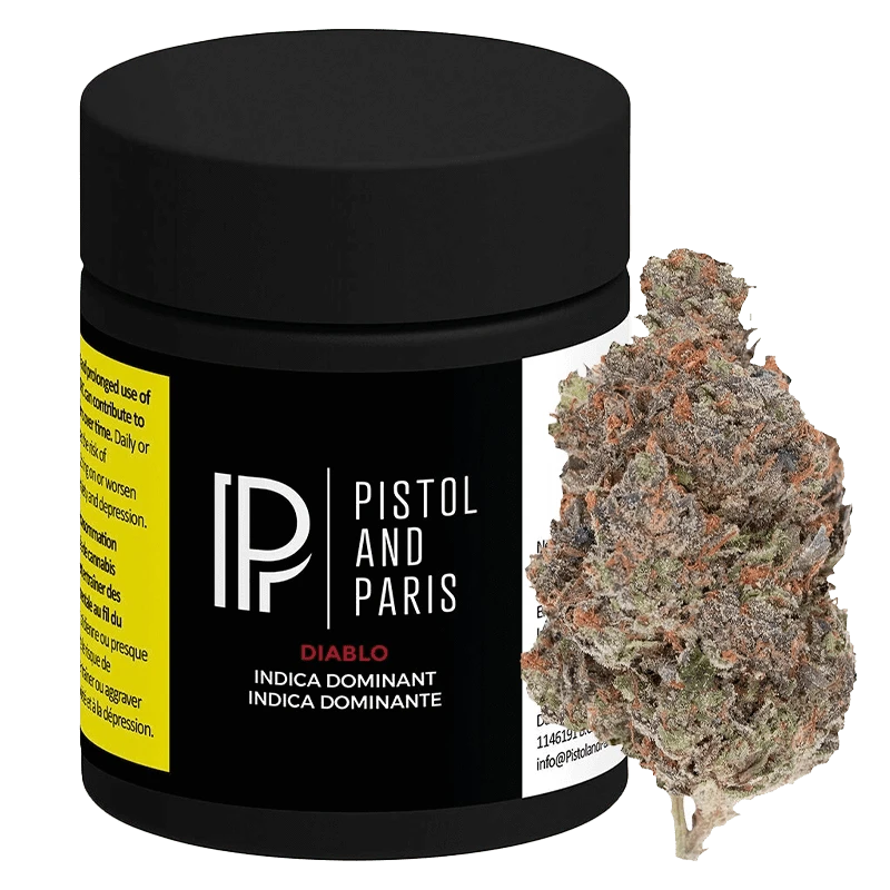 A close-up shot of the Diablo product packaging against a black backdrop, showcasing its bold branding.