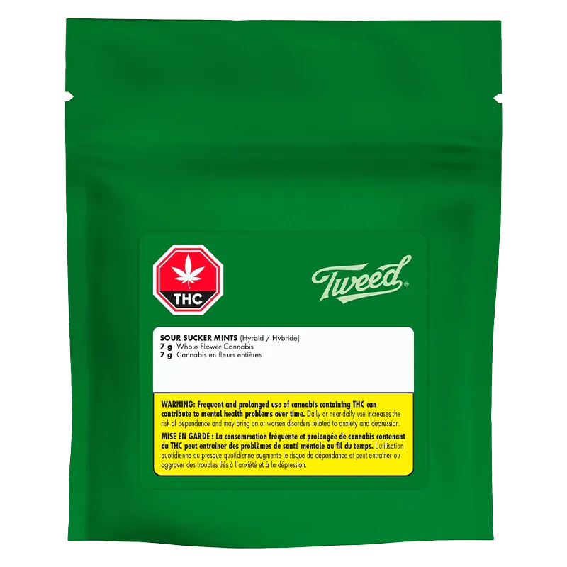 Front-facing shot of a green pouch labeled Tweed Sour Sucker Mints with a white product panel, THC symbol, and yellow warning box.