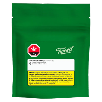 Front-facing shot of a green pouch labeled Tweed Sour Sucker Mints with a white product panel, THC symbol, and yellow warning box.
