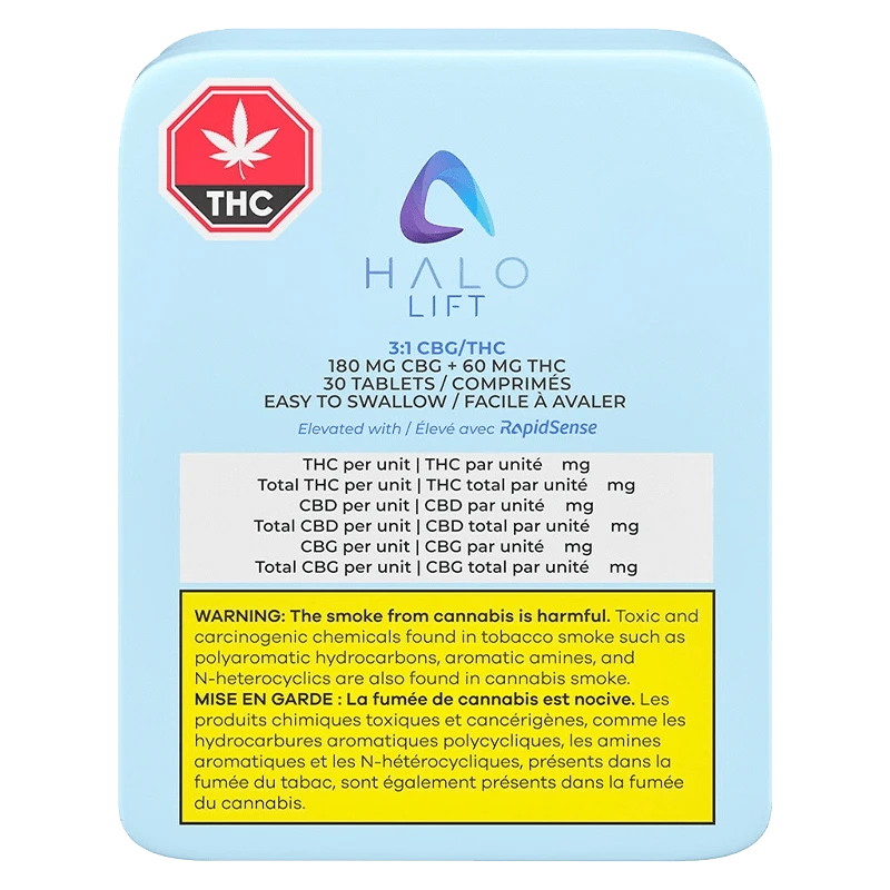 Halo Lift 3:1 CBG/THC is displayed with a bold, colorful title, and a warning message about contents.