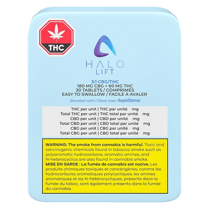 Halo Lift 3:1 CBG/THC is displayed with a bold, colorful title, and a warning message about contents.