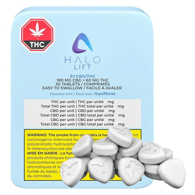 Halo Lift 3:1 CBG/THC packaging shown in a close-up, with bold text and a stylized leaf design against a light background.