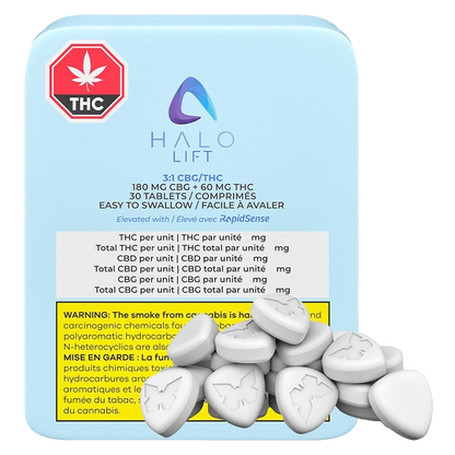 Halo Lift 3:1 CBG/THC packaging shown in a close-up, with bold text and a stylized leaf design against a light background.