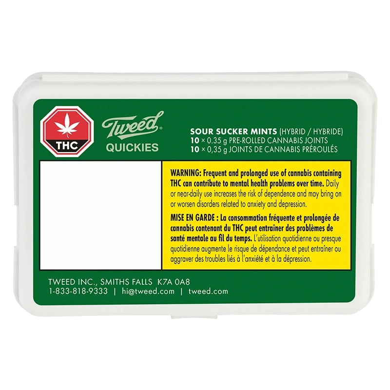 Front view of the Tweed Quickies Sour Sucker Mints packaging, displaying a warning label with text on a white background.