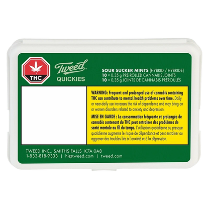 Front view of the Tweed Quickies Sour Sucker Mints packaging, displaying a warning label with text on a white background.