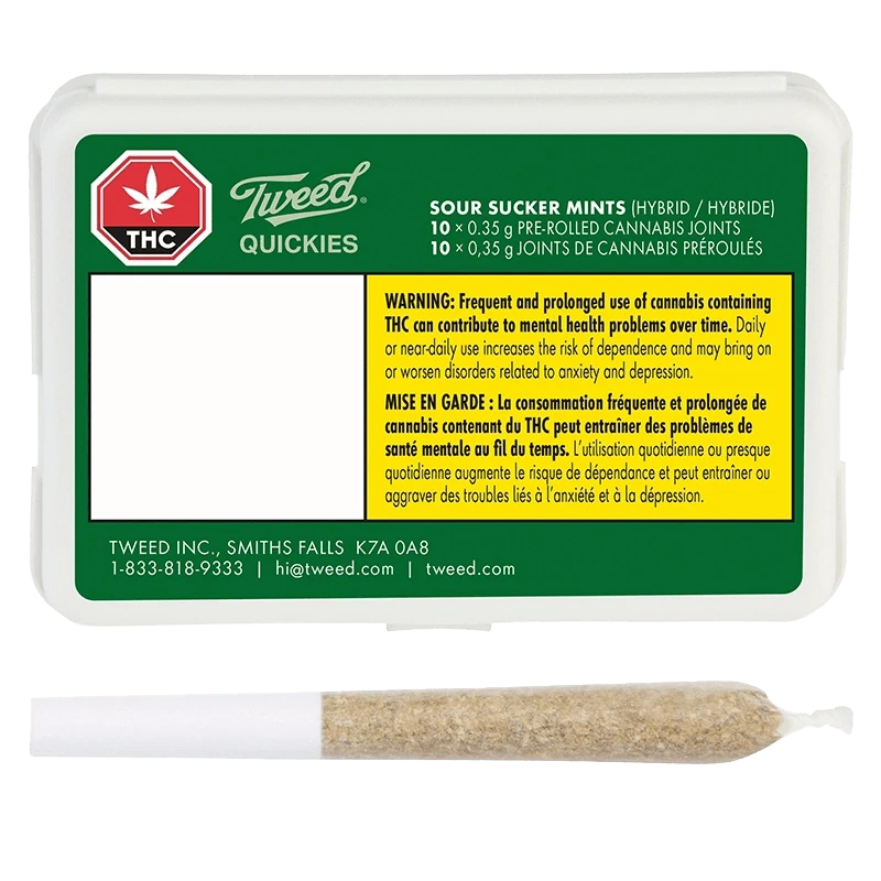 Quickies Sour Sucker Mints Pre Rolled packaging with a warning in French, viewed from a slight angle on a white background.