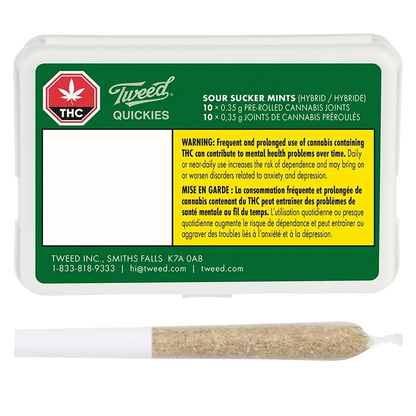 Quickies Sour Sucker Mints Pre Rolled packaging with a warning in French, viewed from a slight angle on a white background.