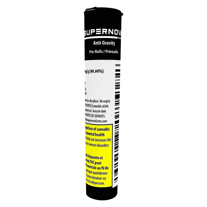 Anti Gravity Pre Rolled 1 x 0.5 g pre-roll packaging shown at an angle, featuring bold text and a dark background.