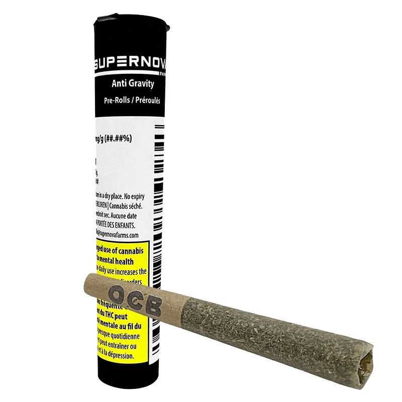 Close-up of the Anti Gravity Pre Rolled 1 x 0.5 g pre-roll packaging with French text against a dark background.