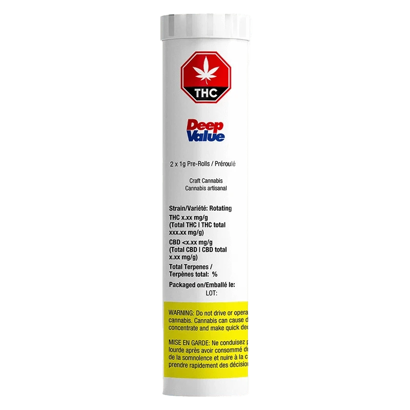 Deep Value Pre Rolled 2 x 1 g packaging displays a bold THC logo against a deep blue background, emphasizing the product's branding.