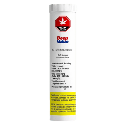 Deep Value Pre Rolled 2 x 1 g packaging displays a bold THC logo against a deep blue background, emphasizing the product's branding.