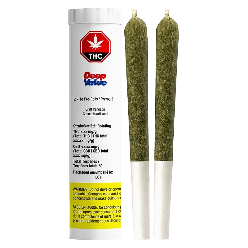 Close-up of the Deep Value Pre Rolled 2 x 1 g pre-rolled packs against a dark background, highlighting the vibrant branding.