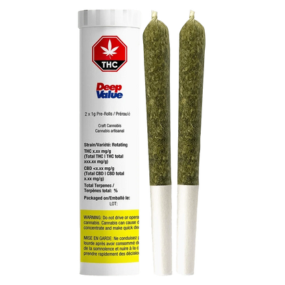 Close-up of the Deep Value Pre Rolled 2 x 1 g pre-rolled packs against a dark background, highlighting the vibrant branding.