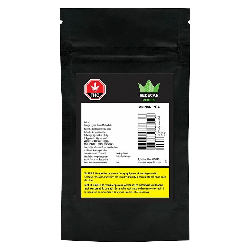 Close-up of the Animal Rntz Redees Pre Rolled 10 x 0.4 g package, displaying warning text on a black background.
