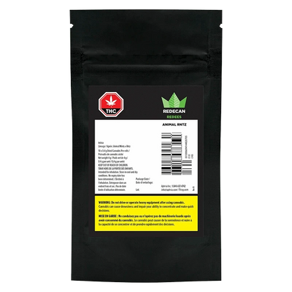 Close-up of the Animal Rntz Redees Pre Rolled 10 x 0.4 g package, displaying warning text on a black background.