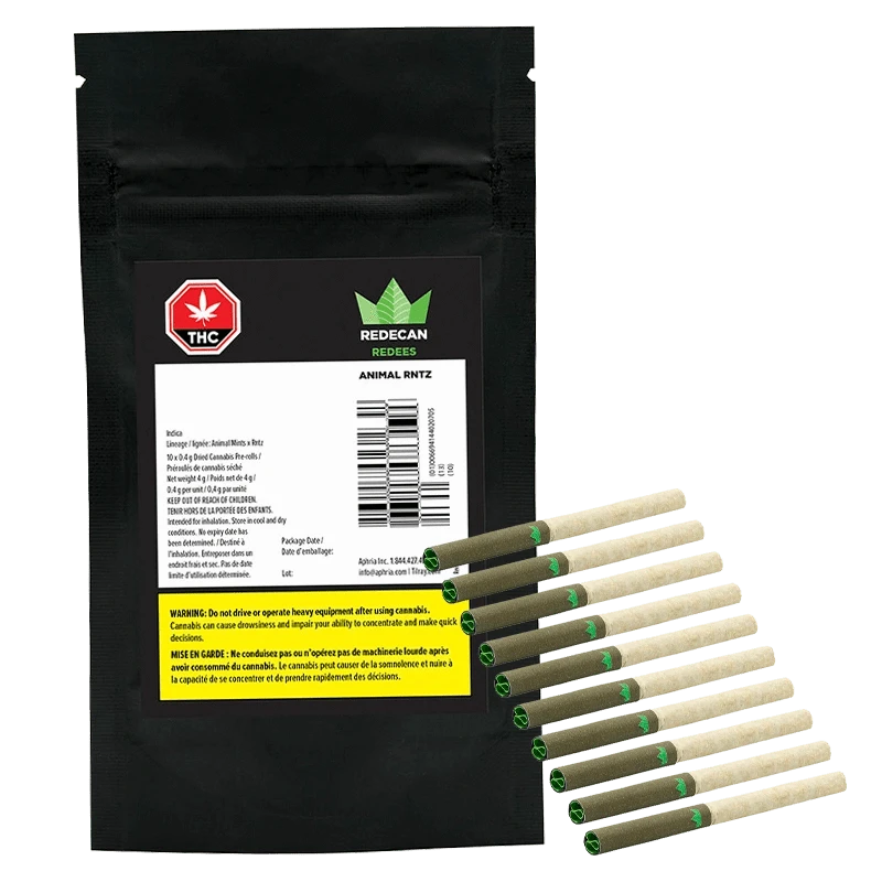 A close-up, angled shot of the Animal Rntz Redees Pre Rolled 10 x 0.4 g packaging, displaying bold branding against a dark background.