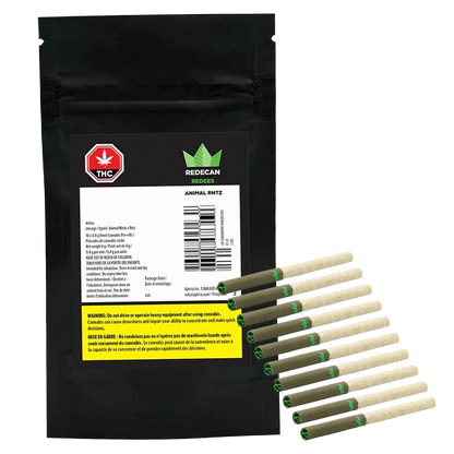 A close-up, angled shot of the Animal Rntz Redees Pre Rolled 10 x 0.4 g packaging, displaying bold branding against a dark background.