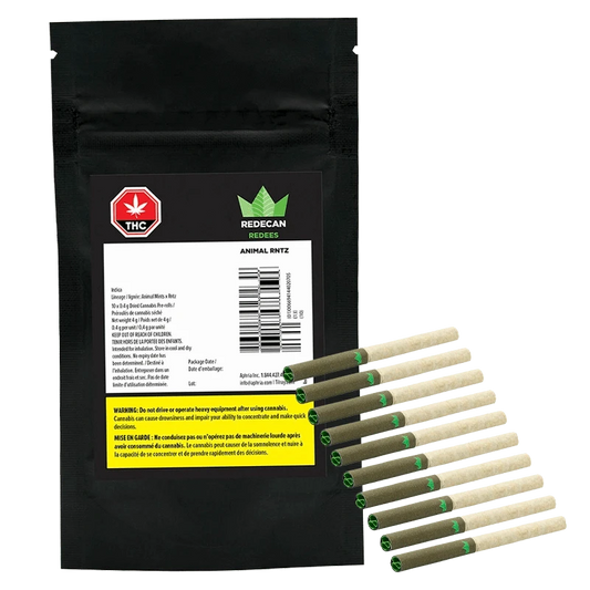 A close-up, angled shot of the Animal Rntz Redees Pre Rolled 10 x 0.4 g packaging, displaying bold branding against a dark background.