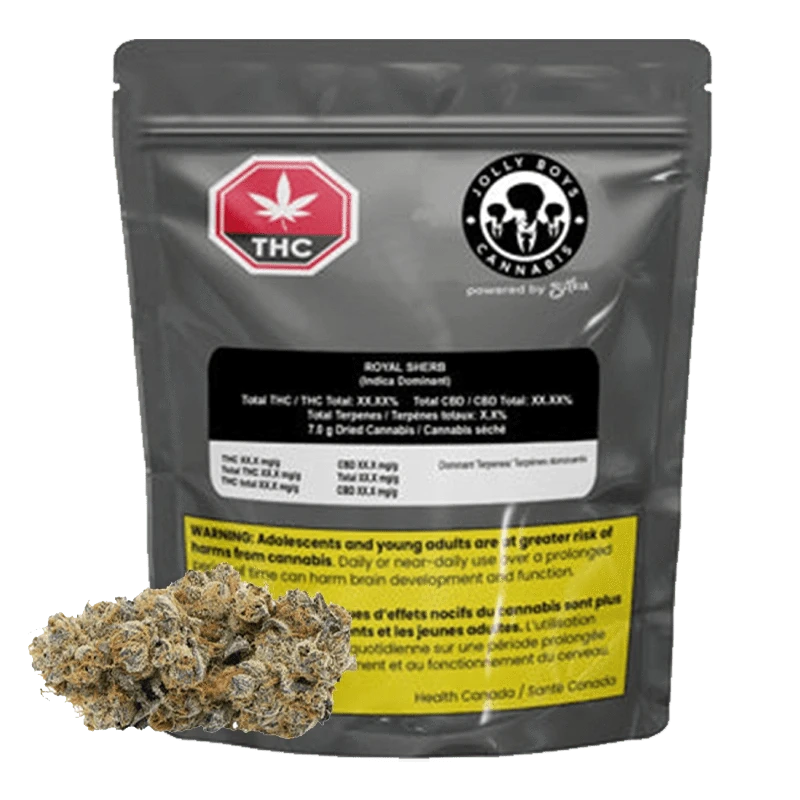 A close-up of the Royal Sherb packaging with a black label and gold lettering, displaying cannabis information.